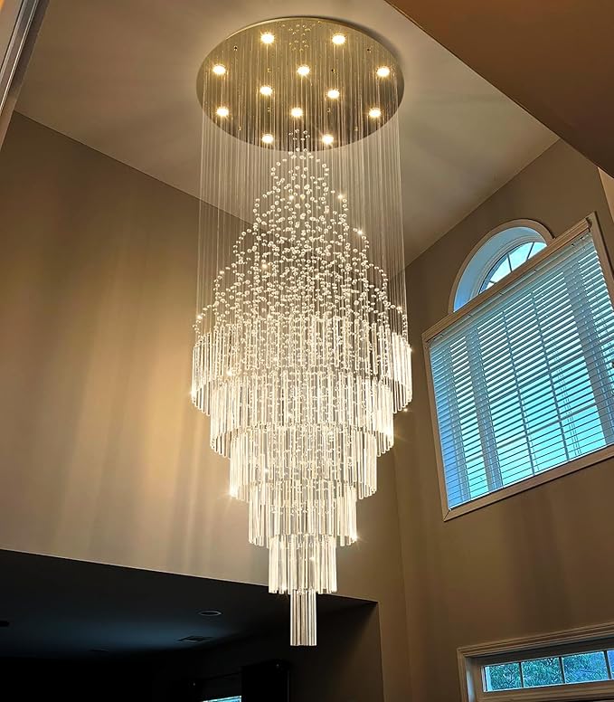 HAIXIANG W32 x H100 Glam Chandelier with LED Bulbs Crystal Raindrop High Ceiling Pendant Light for Entrance Large Villa Chandelier Foyer Lighting Fixtures Gold