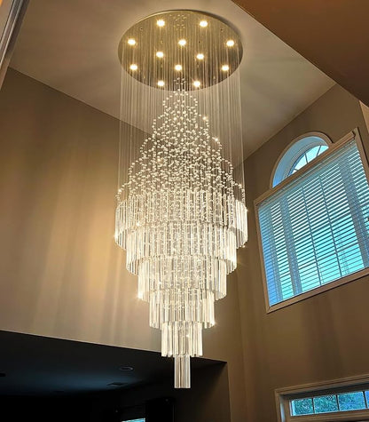 HAIXIANG W32 x H100 Glam Chandelier with LED Bulbs Crystal Raindrop High Ceiling Pendant Light for Entrance Large Villa Chandelier Foyer Lighting Fixtures Gold