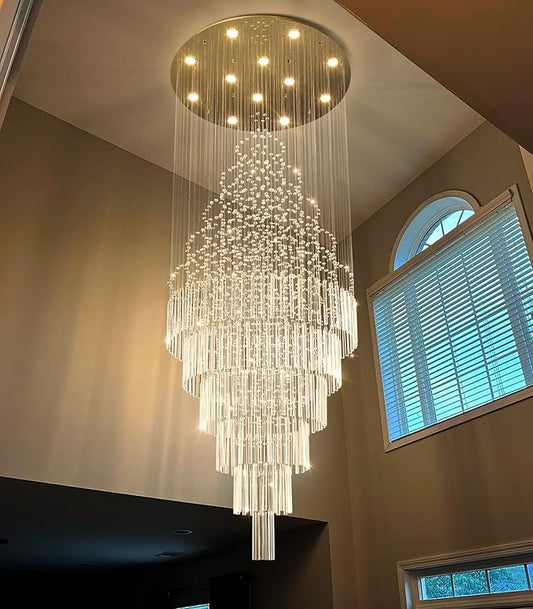 HAIXIANG W32 x H100 Glam Chandelier with LED Bulbs Crystal Raindrop High Ceiling Pendant Light for Entrance Large Villa Chandelier Foyer Lighting Fixtures Gold