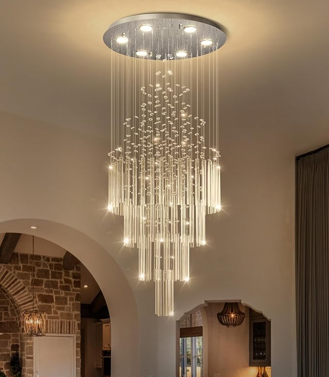 HAIXIANG W20 x H40 Crystal Glam Chandelier Long Light Chandeliers with Dimmable Light Bulbs High Ceiling Light Fixtures for Foyer Entryway Living Room Stair Silver