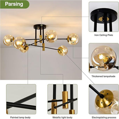 6-Lights Sputnik Ceiling Light Fixture Mid Century Modern Glass Globe Flush Mount Chandelier Black and Gold Farmhouse Lighting for Living Room Dining Room Bedroom Kitchen