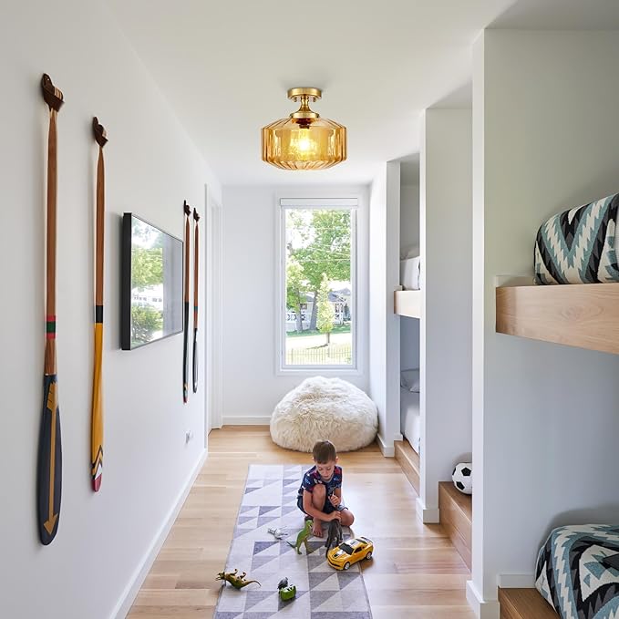 2-Pack Amber Glass Semi Flush Mount Ceiling Light, 11.02" Mid Century Modern Gold Close to Ceiling Light Fixtures, Farmhouse Flush Mount Lamps for Bedroom Hallway Kitchen Entryway Foyer
