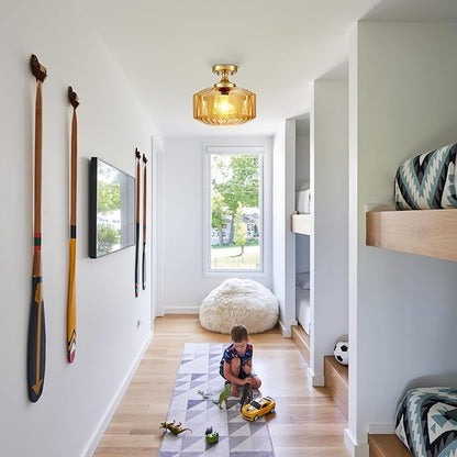 2-Pack Amber Glass Semi Flush Mount Ceiling Light, 11.02" Mid Century Modern Gold Close to Ceiling Light Fixtures, Farmhouse Flush Mount Lamps for Bedroom Hallway Kitchen Entryway Foyer