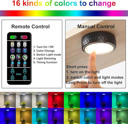 Onumii Battery Operated Under Cabinet Lighting with Remote, Wireless LED Puck Lights Color Changing with Timer, Stick On Closet Lights for Kitchen Cabinets Shelf Display - 2 Pack Black