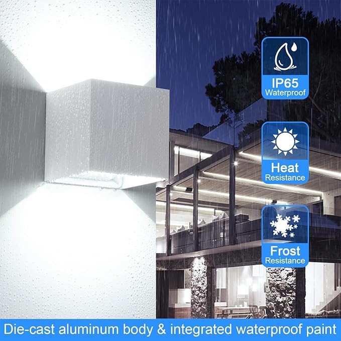 Juyace 20W LED Modern Wall Sconce Outdoor Lighting 6000K Up Down Angle-Adjustable White Exterior Light Fixtures with US Mount Plate Aluminum for House Front Patio Garage Door 2 Pack