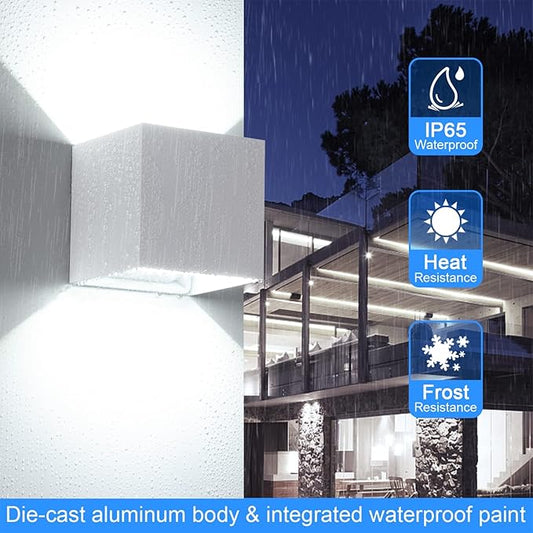Juyace 20W LED Modern Wall Sconce Outdoor Lighting 6000K Up Down Angle-Adjustable White Exterior Light Fixtures with US Mount Plate Aluminum for House Front Patio Garage Door 2 Pack
