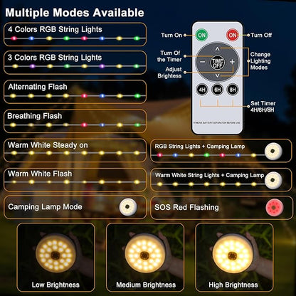 Solar Camping String Lights with 100 LEDs, 33 FT Outdoor Fairy String Lights with 13 Lighting Modes & Timer, Waterproof & Rechargeable, Camping Gear for Tent, Yard, Garden, Hiking, Travel Decor