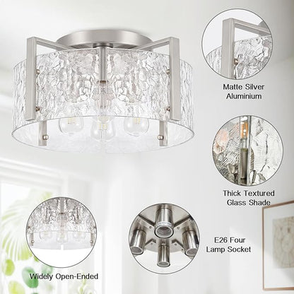 4-Light Modern Semi Flush Mount Ceiling Light Silver, 16'' Entryway Light Fixture, Glass Ceiling Mount with Hammer Glass for Passage Aisle Kitchen Island Dining Room Living Room Lighting Fixtures