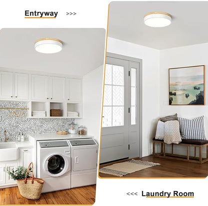 Modern Dimmable Wood Ceiling Light, White Round LED Flush Mount Ceiling Lighting Fixtures, Minimalist Ceiling Lamp for Kitchen Bedroom Laundry Room Living Room Entryway Hallway&11.81 in