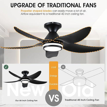 Kviflon 46 inch Ceiling Fans with Lights and Remote/APP Control, Modern Flush Mount Ceiling Fans with 5 Reversible Blades 6 Speeds, 3 Colors Dimmable+Ring Lights for Bedroom Dining Room, Black