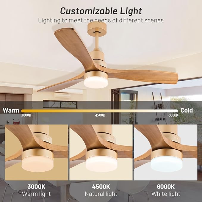 Champagne Gold Luxury Style Ceiling Fan with Light Solid Wood Blade Noiseless Reversible Motor Dimmable Light Memory Living Room and Bedroom Ceiling Fan (Golden04)