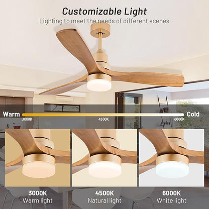 Champagne Gold Luxury Style Ceiling Fan with Light Solid Wood Blade Noiseless Reversible Motor Dimmable Light Memory Living Room and Bedroom Ceiling Fan (Golden04)