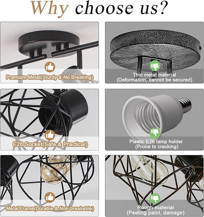 6 Lights Adjustable Multi-Directional Black Light Fixtures, Semi Flush Mount Ceiling Light, Kitchen Light Fixtures, Track Lighting Fixtures Metal Cage Industrial Spotlight Fixtures for Dining Room