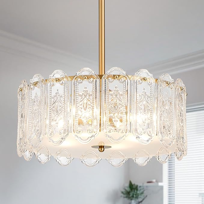 4-Lights Luxury Glass Chandelier, Mid-Century Modern Style for Dining Room, Living Room, Bedroom, D16.5'' × H10.6'', Adjustable Height (10.6"~51.4"), Gold Finish Frame & Figured Glass Shade