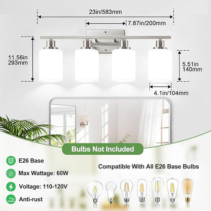 Indoi 4-Light Bathroom Light Fixtures, Brushed Nickel Vanity Lights with Milk Glass Shades, Modern Bathroom Wall Lamp for Mirror Living Room Bedroom Porch