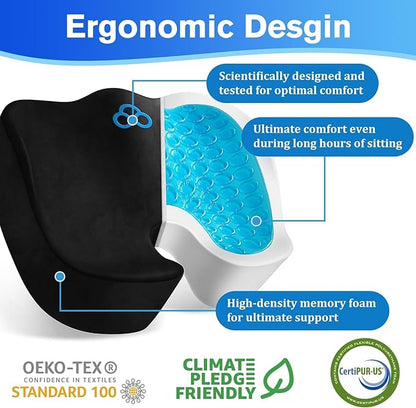 CushyOasis Seat Cushion, Gel Chair Cushions, Office Chair Cushions, Anti-Slip Bottom & Removable Cover Tailbone Pain Relief Cushion, Memory Foam Seat Cushion, 5.28 in Thick (Black)