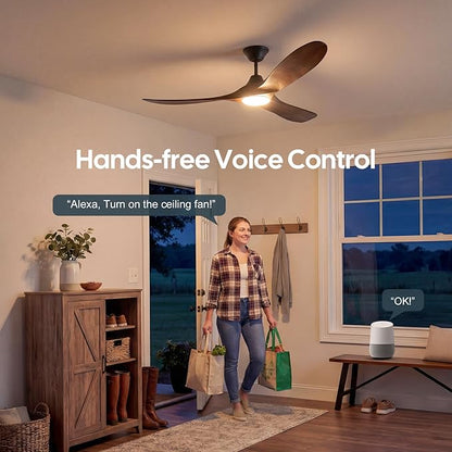 36 Inch Smart Ceiling Fan with Lights, Indoor Outdoor Ceiling Fans 3 Wood Blades, 6 Speeds Dimmable Quiet DC Motor, Remote/Alexa WiFi App Control, Modern Low Profile for Small Bedroom Patio Office