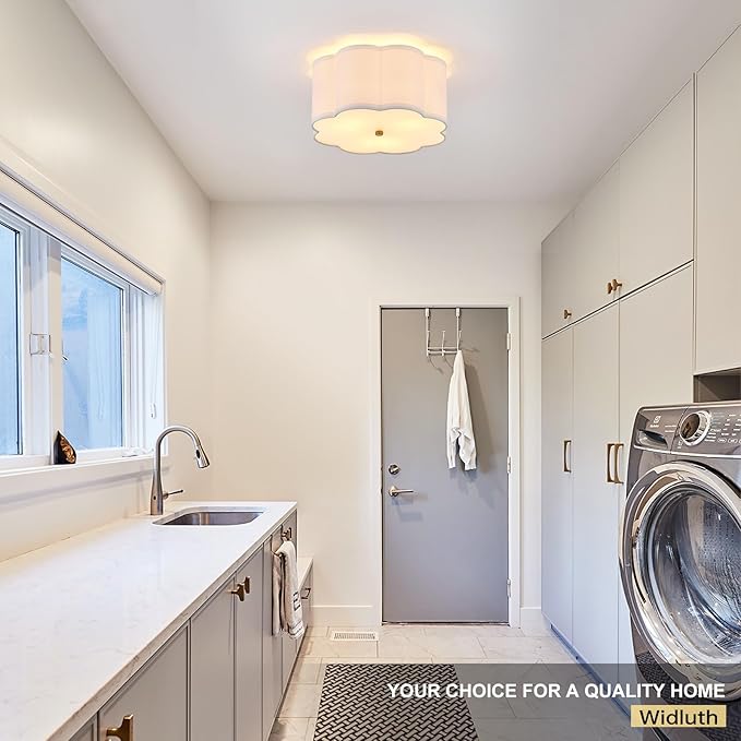 12.99“ Semi Flush Mount Ceiling Light Fixture Modern 3-Lights Gold Drum Ceiling Lighting Vintage Linen Ceiling Lamp for Laundry Room, Kitchen, Basement, Dining Room, Bedroom