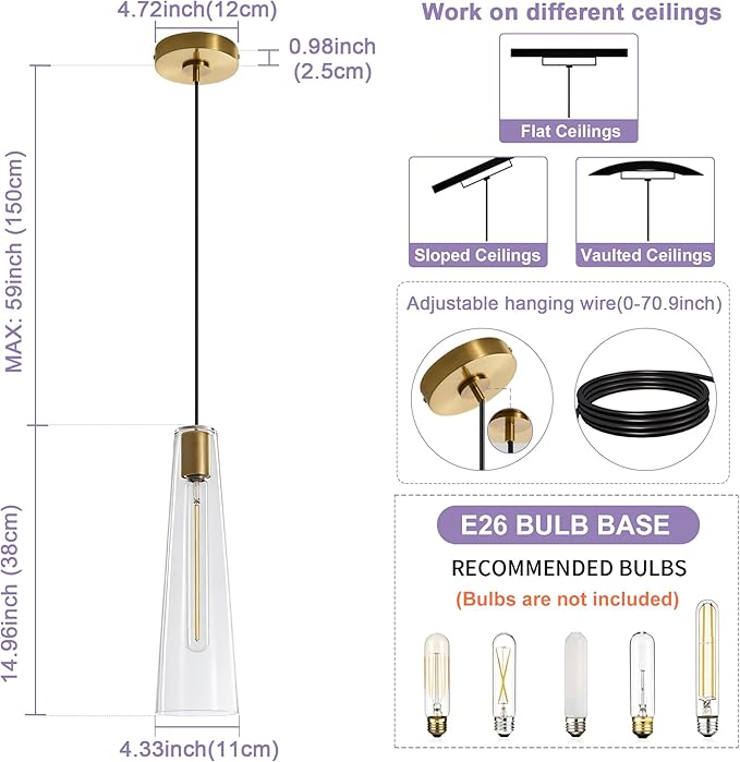 Modern Glass Pendant Lights Kitchen Island, Dimmable Gold Pendant Light Fixtures 1 Pack, Adjustable Farmhouse Hanging Light Fixture with Clear Glass Shades for Hallway Dining Room
