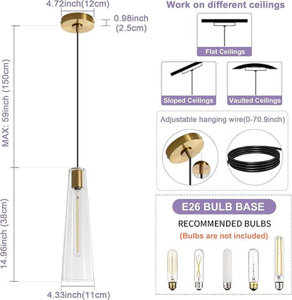 Modern Glass Pendant Lights Kitchen Island, Dimmable Gold Pendant Light Fixtures 1 Pack, Adjustable Farmhouse Hanging Light Fixture with Clear Glass Shades for Hallway Dining Room