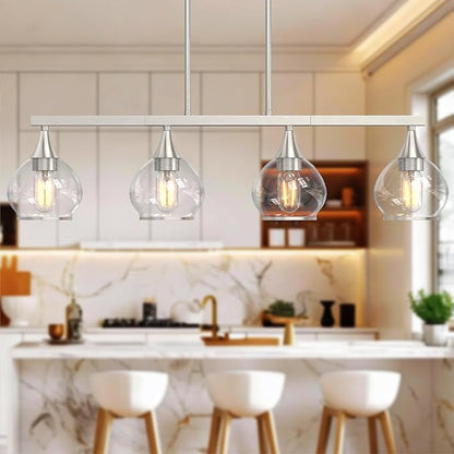 Kitchen Island Linear Pendant Light, 4-Light Modern Chandelier with Clear Glass Globe Shades, Linear Lighting Fixture Over Dining Table, Brushed Nickel