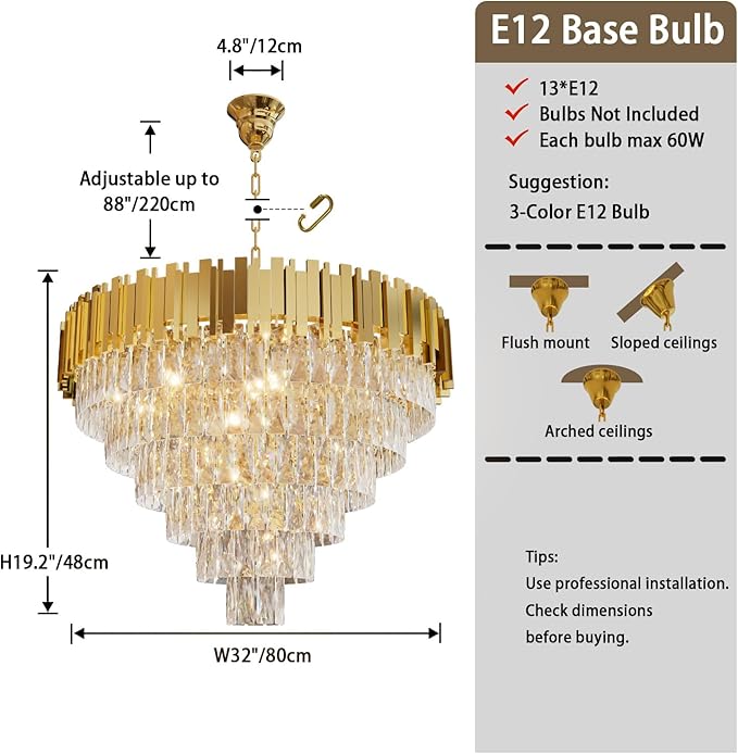 Modern Crystal Chandelier 32" Round K9 Crystal Ceiling Light Adjustable Gold 6-Tier Chandelier with 13 Lights Elegant Fixture for Dining Room Living Room Foyer