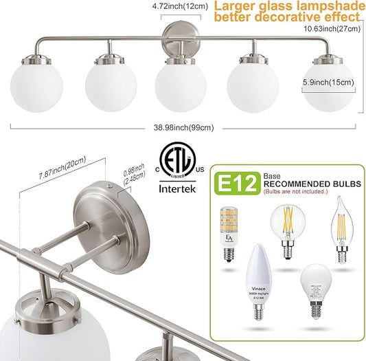 Bathroom Light Fixtures Over Mirror, Brushed Nickel Modern Vanity Lighting with Milk White Glass Globe Shades 5-Light Farmhouse Wall Sconce