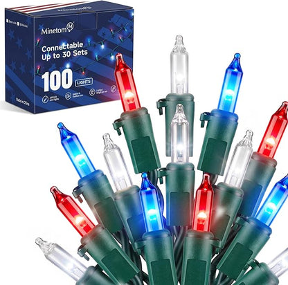 Minetom Red White Blue LED Christmas String Lights, 100 Count 20 Feet 4th July Decoration, Independence Day Decoration, Patriotic Mini Lights Waterproof for Indoor Outdoor Xmas Holiday Party Patio