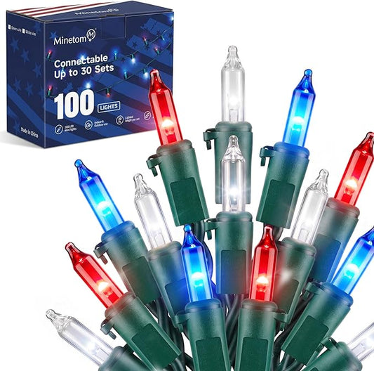 Minetom Red White Blue LED Christmas String Lights, 100 Count 20 Feet 4th July Decoration, Independence Day Decoration, Patriotic Mini Lights Waterproof for Indoor Outdoor Xmas Holiday Party Patio