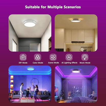 SOTTAE RGBIC LED Smart Flush Mount Ceiling Light, Flush Mount Light Fixture with Remote Control WiFi, Works with Alexa DIY Colors, 3000-5000K Dimmable Ceiling Light for Bedroom Living Room Entryway