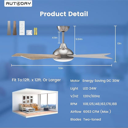 52 Inch Ceiling Fans with Lights and Remote/App Control - Nickel Ceiling Fan with Light, Quiet Reversible DC Motor, Dimmable Tri-Color LED, Modern Ceiling Fan for Bedroom/Patio, Indoor/Outdoor