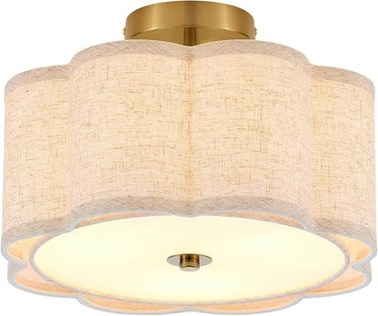 Semi Flush Mount Ceiling Light, Beige Linen Fabric Shade Ceiling Light, Golden Modern Farmhouse Close to Ceiling Light for Bedroom, Laundry Room, Hallway, Living Room, Dining Room