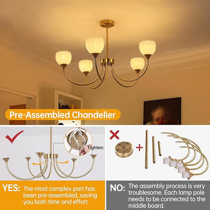 Shenmoyl 30.31" Brass Gold Chandelier, 5-Light Chandelier Light with White Tulip Glass Lampshade, Height Adjustable Vintage Chandeliers for Dining Room Living Room Kitchen Island
