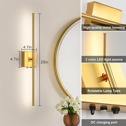 Battery Operated Wall Sconces Set of 2, 11000mAh Wireless Rechargeable Gold Wall Lights with Remote Control, 350°Rotate Dimmable Wall Lamp, 3 Color Temperatures, for Bedroom, Living Room, Hallway