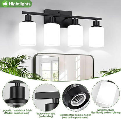 Indoi 4-Light Bathroom Light Fixtures, Matte Black Vanity Lights with Milk Glass Shades, Modern Bathroom Wall Lamp for Mirror Living Room Bedroom Porch
