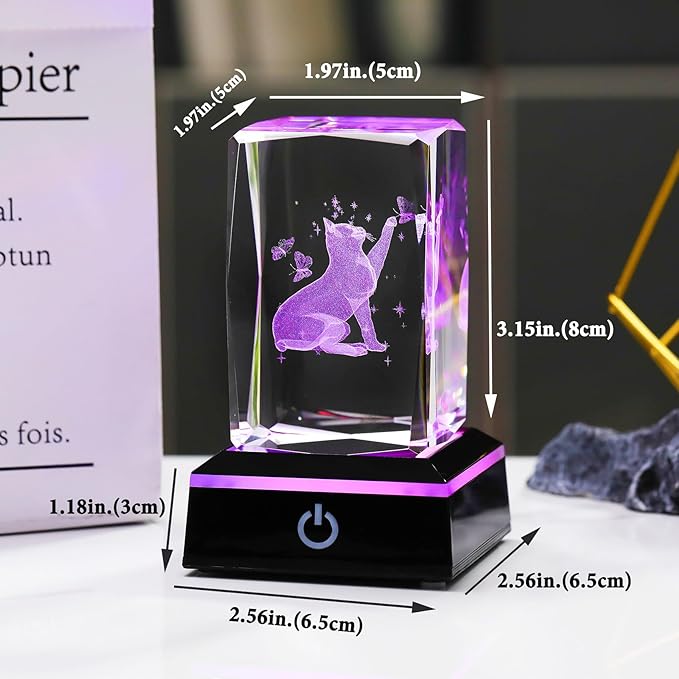 YWHL 3D Crystal Cat and Butterfly Figurine with Colorful Light Base, Laser Engraved Cat Gifts for Women Men on Birthday Christmas, Animal Figurine Collection for Home Decor