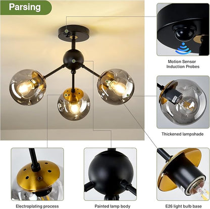 Motion Sensor Light Indoor 3-Light Vintage Semi Flush Mount Ceiling Light Fixture with Glass Globe Black Chandelier for Closet Hallway Stairway Porch Entryway