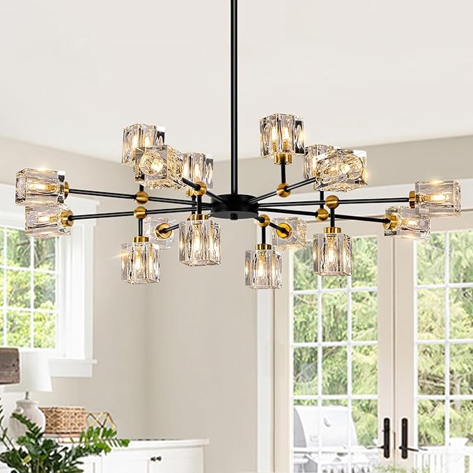 16-Light Black Crystal Chandelier Modern Sputnik Chandeliers for Dining Room Adjustable Height Sputnik Ceiling Light Fixture for Living Room Kitchen Island Bedroom
