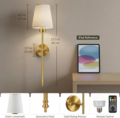 Battery Operated Wall Sconces Set of 2, Wireless Rechargeable Wall Lights with Remote, 5200mAh Dimmable LED Bulbs, 3 Color Temperatures, Gold Wall Sconce for Bedroom, Living Room, Hallway, 24 Inch