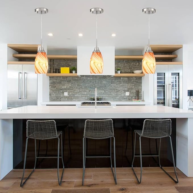 Viinew Mini Glass Pendant Light 4.72" with Handblown Orange Marble Art Glass Hanging Light 3-Pack Oval Ceiling Hanging Light Fixture for Dining Room Kitchen Island Cafe Foyer Hallway