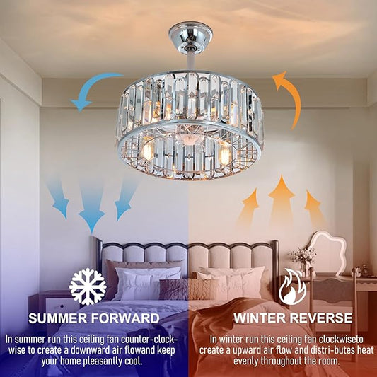 18.2" Silver Crystal Caged Ceiling Fan with Light 4-Lights Modern Flush Mount Fandelier Lights Remote Chrome Crystal Chandelier Ceiling Fan for Bedroom Living Room Dining Room Entry Loft Hallway