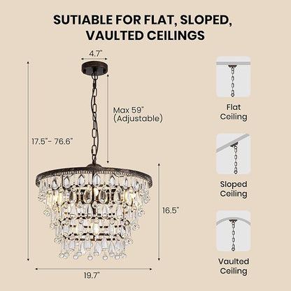 7PM Vintage Crystal Chandelier for Dining Room,20-inch Antique Crystal Ceiling Light Fixture, 5-Tier Bronze Chandelier for Living Room, Kitchen Island,Bedroom, Entryway