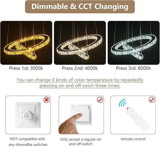 Modern Crystal Chandeliers Dimmable Round Pendant Lighting with Remote 2 Rings LED Ceiling Hanging Light Fixture for Foyer Dining Room Living Room Bedroom, 3000K/4000K/6000K 15.75”+7.7”