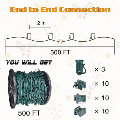 500FT C7 Light String Christmas Stringer, E12 Christmas Sockets 12" Spacing, C7 Stringer Set Green Outdoor String Light for Wedding Patio Event Lighting Decor, Green Wire