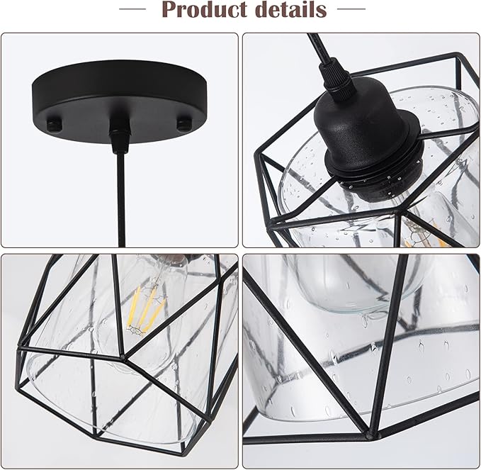 Black Pendant Light Over Table Cage Blown Clear Seeded Glass Farmhouse Hanging Light Fixture Industrial Adjustable Cord for Kitchen Island Dining Room Above Sink