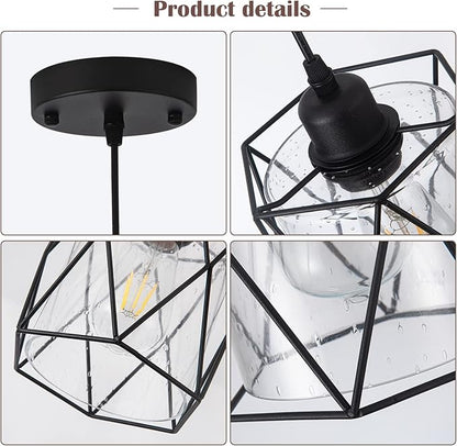 Black Pendant Light Over Table Cage Blown Clear Seeded Glass Farmhouse Hanging Light Fixture Industrial Adjustable Cord for Kitchen Island Dining Room Above Sink