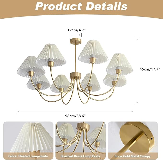 KCO Lighting Brushed Brass Sputnik Chandelier Gold Metal Chandelier with White Pleated Fabric Shades 8-Lights Ceiling Chandelier Light Fixture Mid Century Modern Chandelier