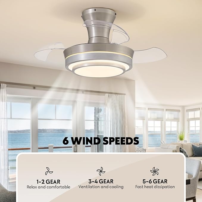 Retractable Small Led Ceiling Fan with Light and Remote 28 Inch Low Profile Brushed Nickle Modern Fandelier for Bedroom Living Room Dimmable 6 Speed Reversible Smart Ceiling Fan