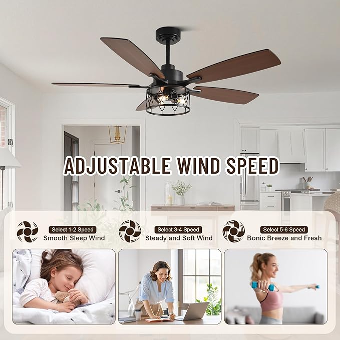 52'' Caged Ceiling Fans with Lights and Remote Control,Reversible DC Motor,5 Double Colour Blades,Rustic Farmhouse Ceiling Fan for Living Room,Dining Room,Bedroom