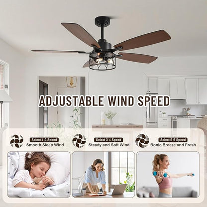 52'' Caged Ceiling Fans with Lights and Remote Control,Reversible DC Motor,5 Double Colour Blades,Rustic Farmhouse Ceiling Fan for Living Room,Dining Room,Bedroom